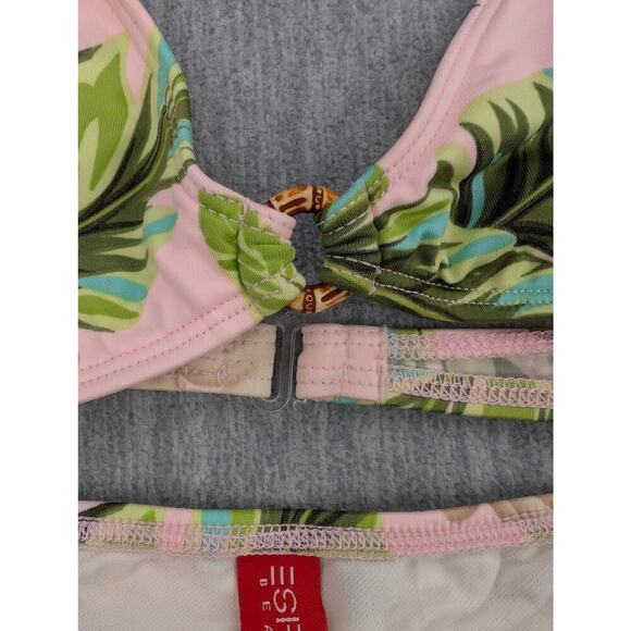 Vintage Esprit Bikini Womens Small Pink Green Leaf Floral Halter Top Bottom Y2K - Picture 6 of 14